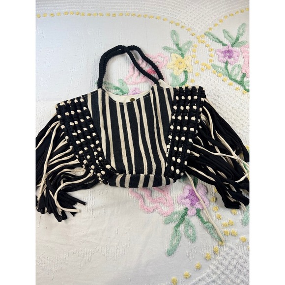 Unknown Factory Handbags - Striped Fringe Tote Bag Bohemian‎ Purse Black Cream Woven Rope Handles